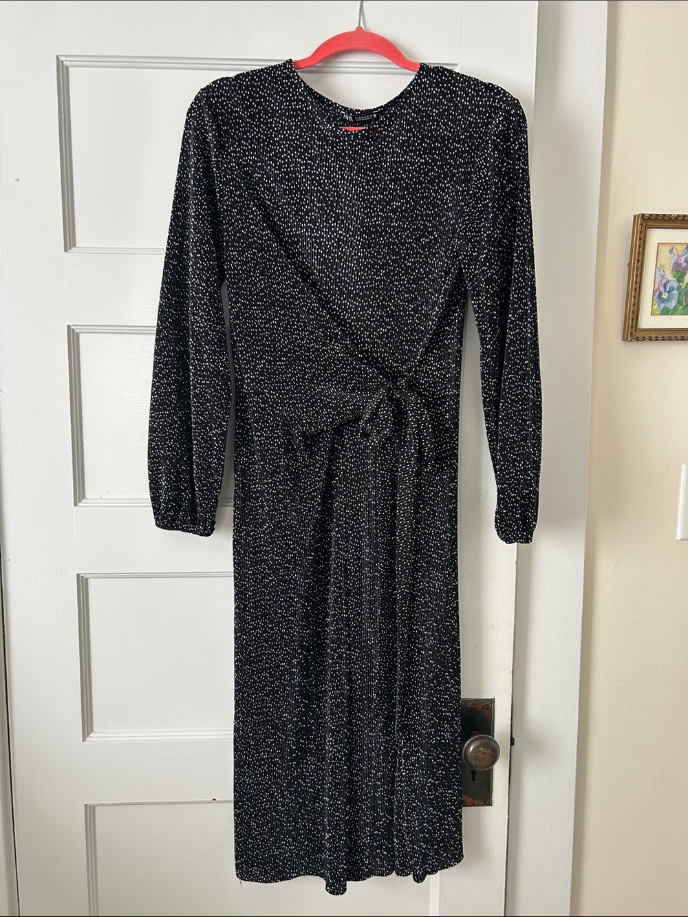 Zara Black Plisse Tie-Waist Long Sleeve Dress